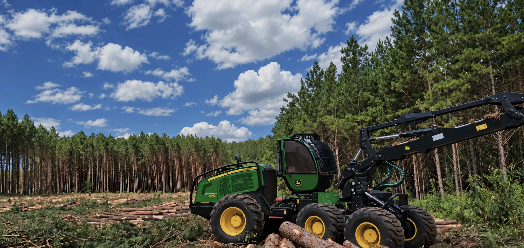 Maquinaria forestal trabajando entre plantaciones